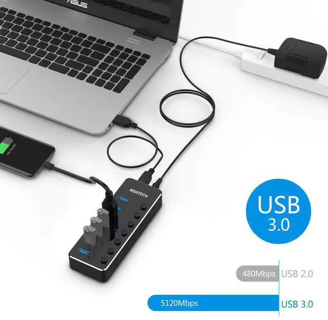 Alt view image 2 of 6 - RSHTECH USB 3.0 Hub Powered 7 Port USB Data Hub Extender Aluminum USB Splitter with Individual On/Off Switches and Universal 5V AC Adapter, 3.3ft USB 3.0 Cable (RSH-518)