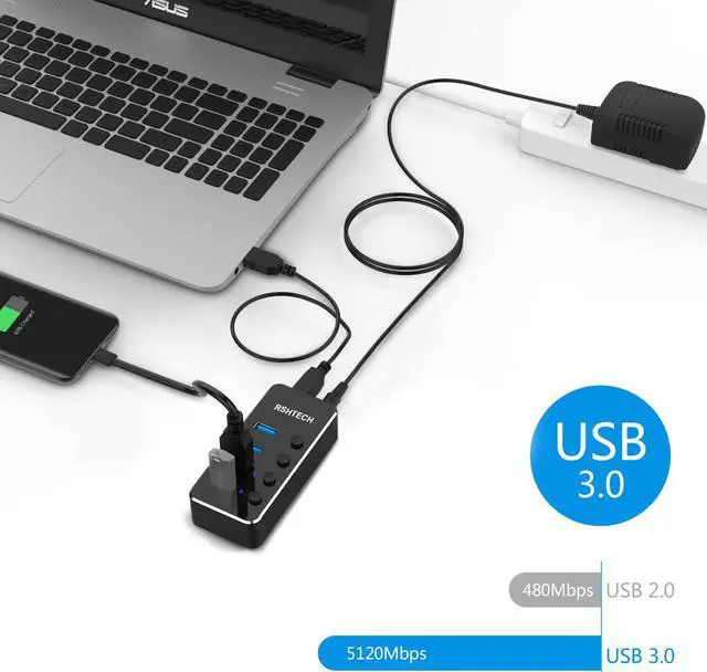 Alt view image 4 of 6 - Powered USB 3.0 Hub, RSHTECH 4 Port USB Hub Splitter Aluminum USB Data Hub Expander with Individual On/Off Switch and Universal 5V AC Adapter, 3.3ft USB 3.0 Cable(RSH-516)