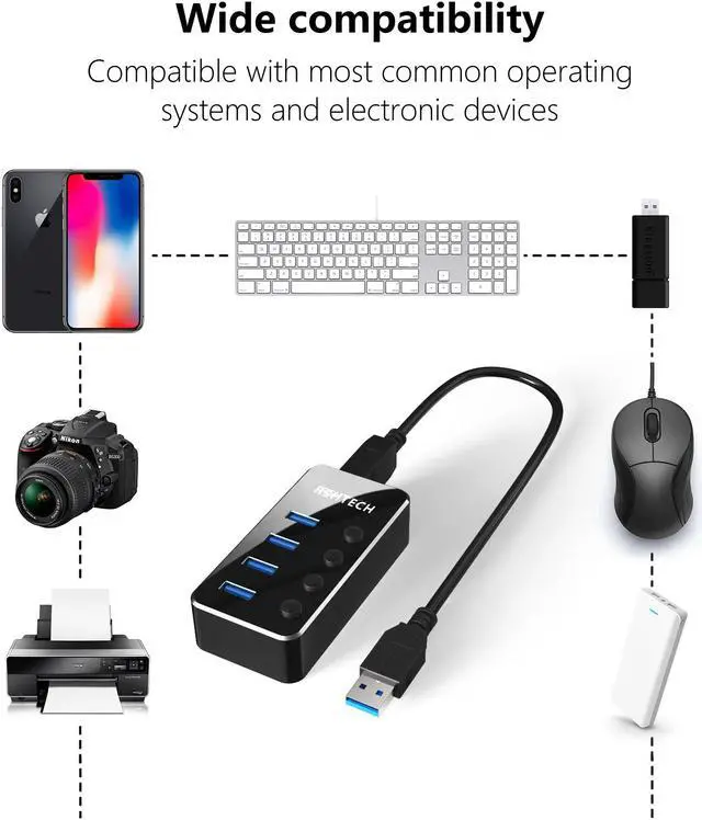 Alt view image 5 of 6 - Powered USB 3.0 Hub, RSHTECH 4 Port USB Hub Splitter Aluminum USB Data Hub Expander with Individual On/Off Switch and Universal 5V AC Adapter, 3.3ft USB 3.0 Cable(RSH-516)