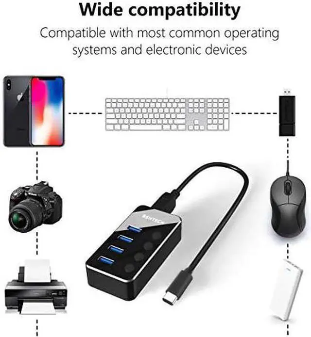 Alt view image 2 of 4 - Powered USB C Hub RSHTECH Aluminum USB C to 4 USB 3.0 Super Speed Data Ports with Individual On/Off Switches and Universal 5V/2A Power Adapter (RSH-516C)