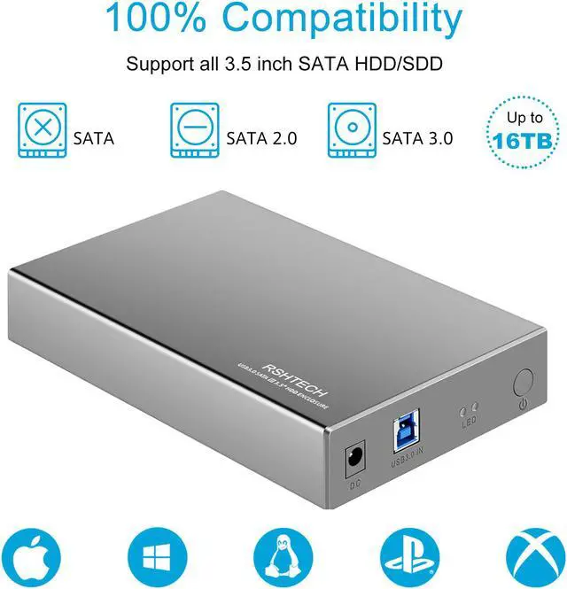 Alt view image 4 of 5 - Hard Drive Enclosure RSHTECH USB 3.0 to SATA Aluminum External HDD Case for 3.5inch SATA HDD and SSD up to 16TB Support UASP (RSH-339)