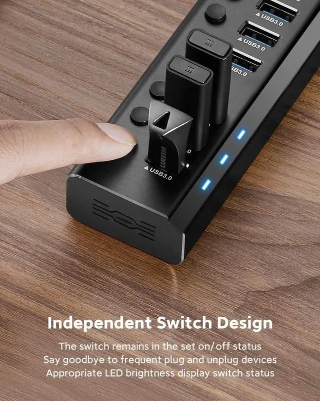 Alt view image 6 of 7 - Rosonway USB Hub 3.0 Powered, Aluminum 7 Ports USB 3.0 Data Hub Splitter with 12V/2A Power Adapter and Individual On/Off Switches(RSW-A37S)