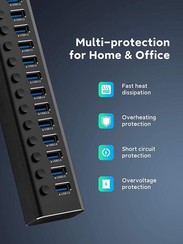 Alt view image 5 of 7 - Rosonway Powered USB Hub 16 Ports 100W USB 3.0 Data Hub Aluminum USB Hub 3.0 Splitter with 12V/8.3A UL Certified Power Adapter and Individual On/Off Switches RSW-A16 (Black)