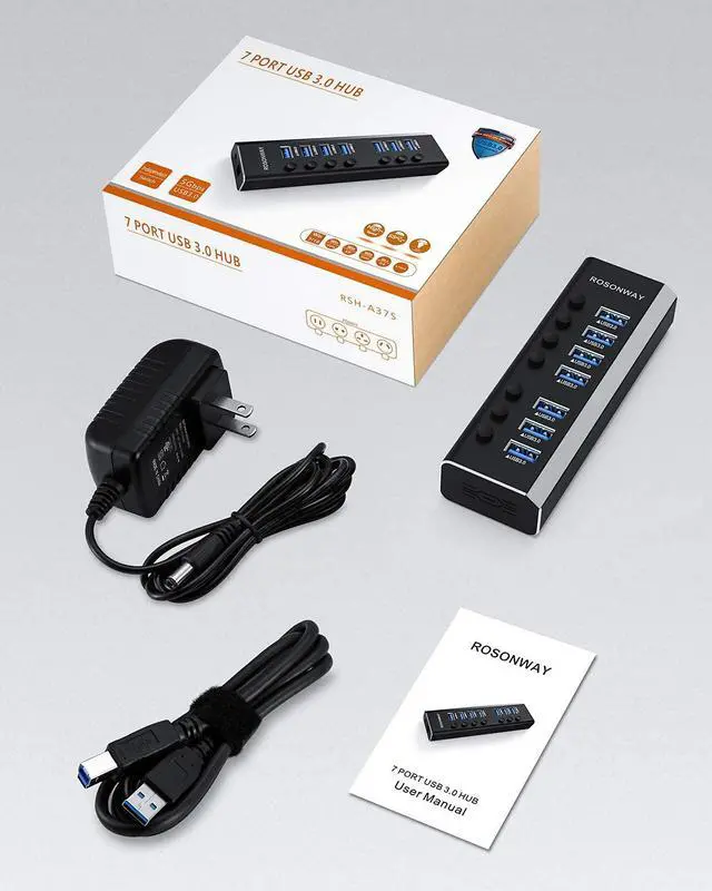 Alt view image 7 of 7 - Rosonway USB Hub 3.0 Powered, Aluminum 7 Ports USB 3.0 Data Hub Splitter with 12V/2A Power Adapter and Individual On/Off Switches(RSW-A37S)