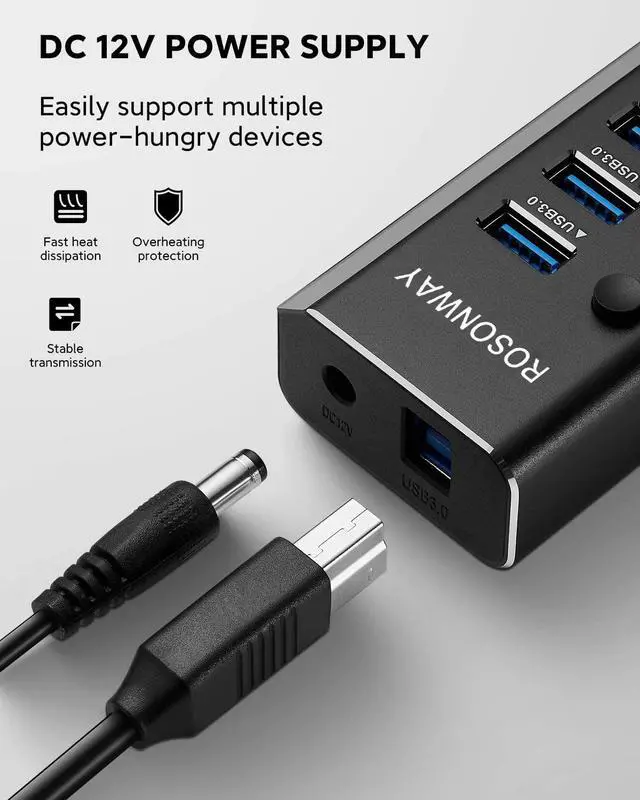 Alt view image 5 of 7 - Rosonway USB Hub 3.0 Powered, Aluminum 7 Ports USB 3.0 Data Hub Splitter with 12V/2A Power Adapter and Individual On/Off Switches(RSW-A37S)
