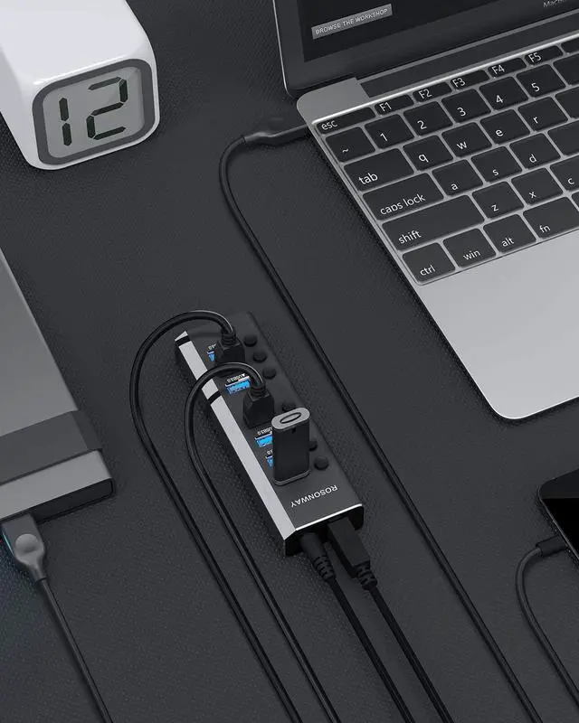 Alt view image 3 of 7 - Rosonway USB Hub 3.0 Powered, Aluminum 7 Ports USB 3.0 Data Hub Splitter with 12V/2A Power Adapter and Individual On/Off Switches(RSW-A37S)