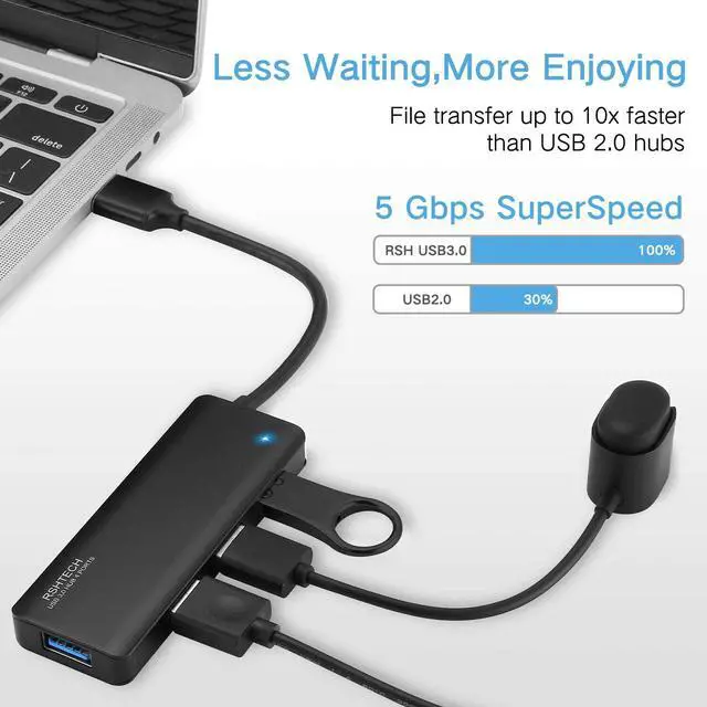 Alt view image 3 of 6 - USB Hub 3.0, RSHTECH 4 Port USB 3.0 Ultra Slim Aluminum Data Hub USB Port Expander Portable USB Splitter (Black)