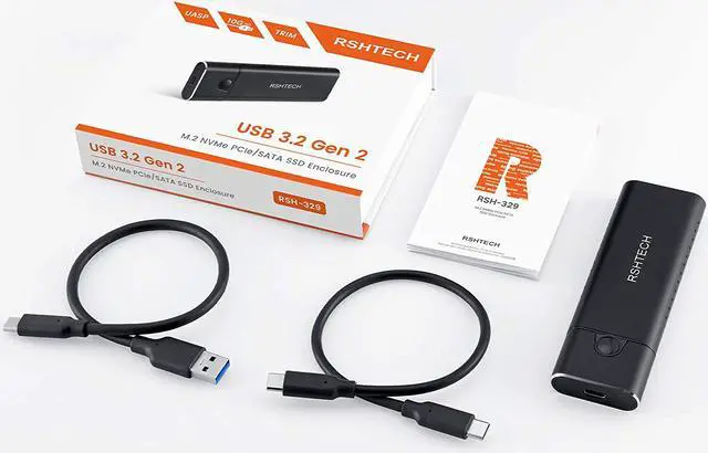 Alt view image 7 of 7 - RSHTECH M.2 NVMe SSD Enclosure Tool-Free RTL9210B chip Aluminum USB 3.1 Gen 2 10Gbps to NVMe PCIe and SATA M-Key(B+M Key) External Portable NVMe Enclosure Adapter Support UASP Trim (RSH-329)