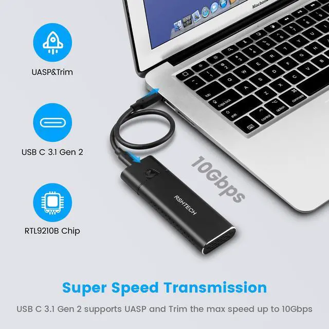 Alt view image 2 of 7 - RSHTECH M.2 NVMe SSD Enclosure Tool-Free RTL9210B chip Aluminum USB 3.1 Gen 2 10Gbps to NVMe PCIe and SATA M-Key(B+M Key) External Portable NVMe Enclosure Adapter Support UASP Trim (RSH-329)
