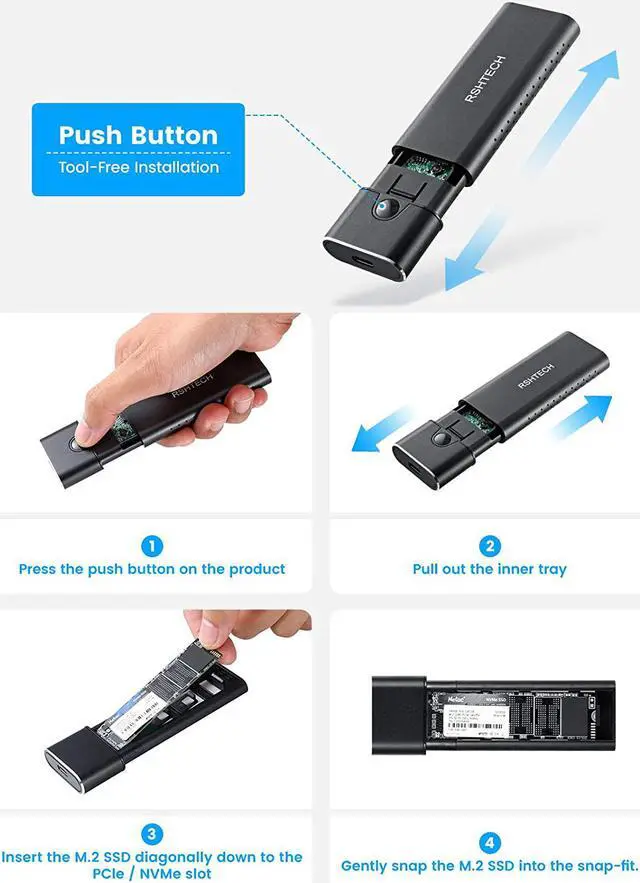 Alt view image 4 of 7 - RSHTECH M.2 NVMe SSD Enclosure Tool-Free RTL9210B chip Aluminum USB 3.1 Gen 2 10Gbps to NVMe PCIe and SATA M-Key(B+M Key) External Portable NVMe Enclosure Adapter Support UASP Trim (RSH-329)