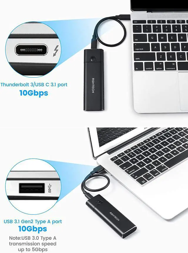 Alt view image 3 of 7 - RSHTECH M.2 NVMe SSD Enclosure Tool-Free RTL9210B chip Aluminum USB 3.1 Gen 2 10Gbps to NVMe PCIe and SATA M-Key(B+M Key) External Portable NVMe Enclosure Adapter Support UASP Trim (RSH-329)