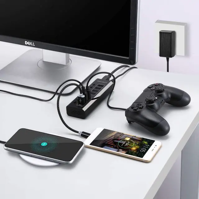 Alt view image 7 of 7 - RSHTECH Powered USB Hub 7 Ports USB 3.0 Hub with 4 High Speed Data Transfer Ports + 3 Fast Charging Ports,36W 12V/3A Power Adapter, Individual On/Off Switches(A37-Black)