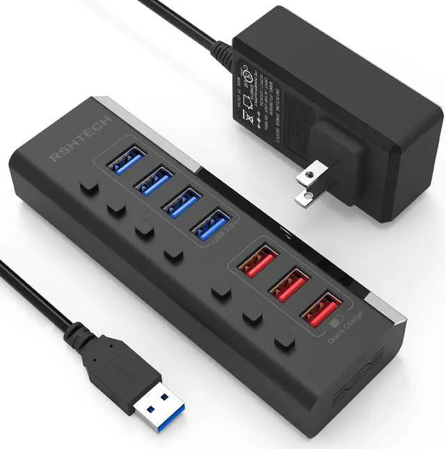 Main image of RSHTECH Powered USB Hub 7 Ports USB 3.0 Hub with 4 High Speed Data Transfer Ports + 3 Fast Charging Ports,36W 12V/3A Power Adapter, Individual On/Off Switches(A37-Black)