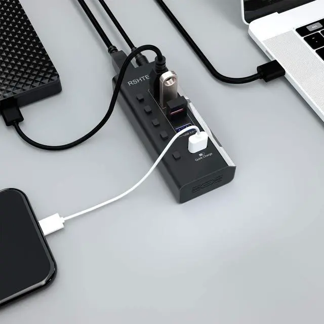 Alt view image 6 of 7 - Powered USB Hub, RSHTECH USB 3 Hub with 4 USB 3.0 Data Ports + 1 USB Fast Charging Port, USB Splitter with 24W(12V/2A) Power Adapter and Individual On/Off Switches(A35-Black)