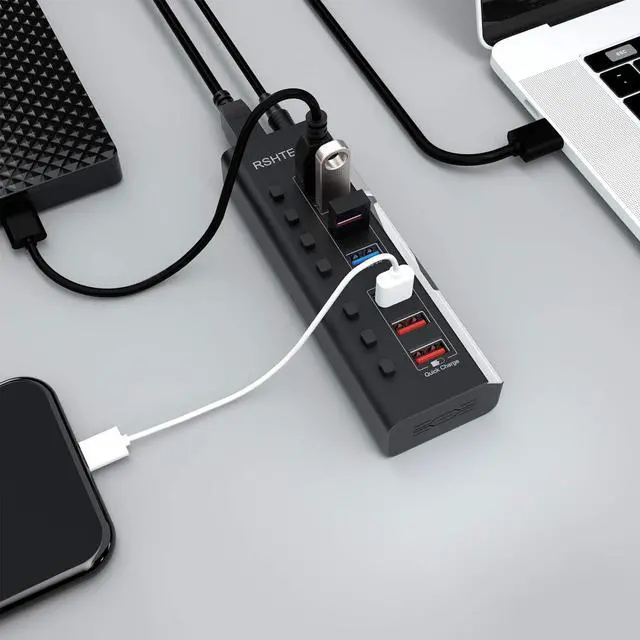 Alt view image 6 of 7 - RSHTECH Powered USB Hub 7 Ports USB 3.0 Hub with 4 High Speed Data Transfer Ports + 3 Fast Charging Ports,36W 12V/3A Power Adapter, Individual On/Off Switches(A37-Black)