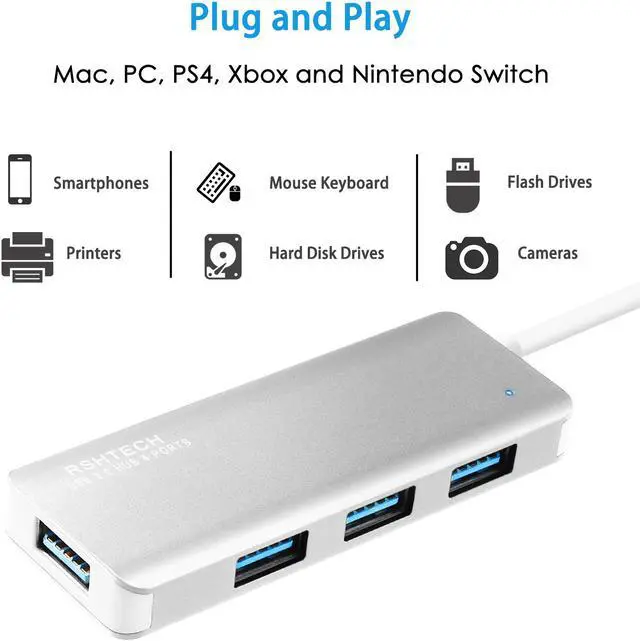 Alt view image 3 of 6 - USB Hub 3.0, RSHTECH 4 Port USB 3.0 Ultra Slim Aluminum Data Hub USB Port Expander Portable USB Splitter (Silver)