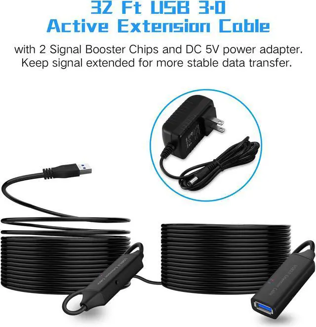 Alt view image 3 of 4 - RSHTECH USB 3.0 Active Extension Cable 32 Feet with 5V 2A Power Adapter, USB 3.0 Extender Male to Female Cord with Built-in Signal Booster Chips for Xbox, PS4, USB Printer, Mouse, Keyboard, etc