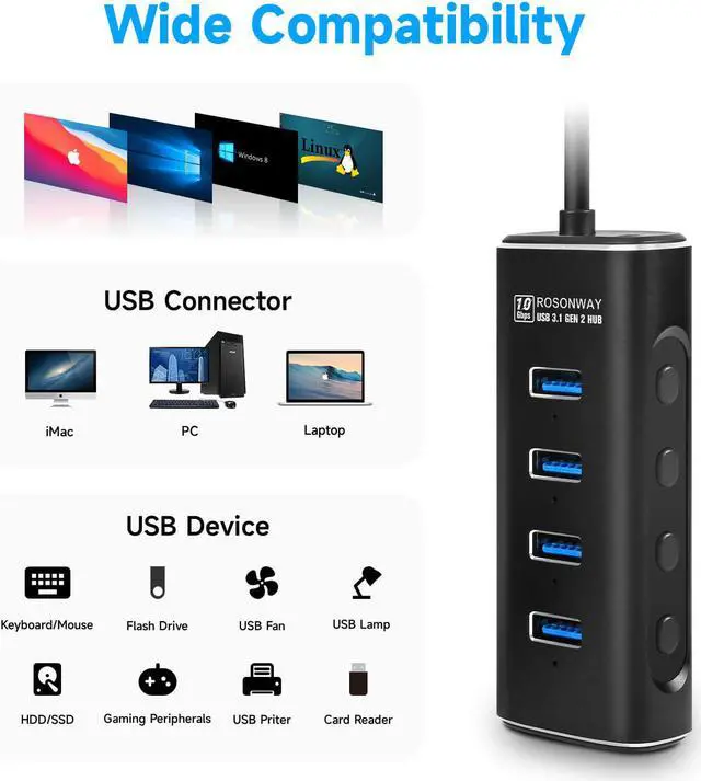 Alt view image 5 of 7 - Powered USB Hub, Rosonway 4 Ports USB 3.1/3.2 Gen 2 Hub 10Gbps with 3.3ft Data Cable, 5V/2A Power Adapter and Individual Switches, Aluminum USB Port Hub Splitter for PC and Laptop, RSH-A104