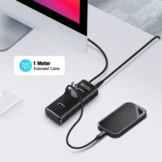 Alt view image 4 of 7 - Powered USB Hub, Rosonway 4 Ports USB 3.1/3.2 Gen 2 Hub 10Gbps with 3.3ft Data Cable, 5V/2A Power Adapter and Individual Switches, Aluminum USB Port Hub Splitter for PC and Laptop, RSH-A104