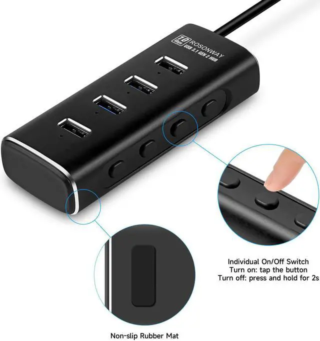 Alt view image 7 of 7 - Powered USB Hub, Rosonway 4 Ports USB 3.1/3.2 Gen 2 Hub 10Gbps with 3.3ft Data Cable, 5V/2A Power Adapter and Individual Switches, Aluminum USB Port Hub Splitter for PC and Laptop, RSH-A104