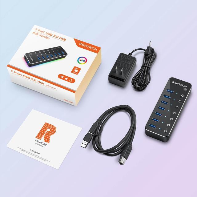 Alt view image 7 of 7 - Powered USB Hub, RSHTECH RGB 7 Ports USB 3.0/USB C Hub with 14 Mode RGB LED Strip, Individual Touch Switches, 3.3ft Data Cable and 5V/4A Power Adapter, Aluminum USB Hub for PC and Laptop, RSH-518R