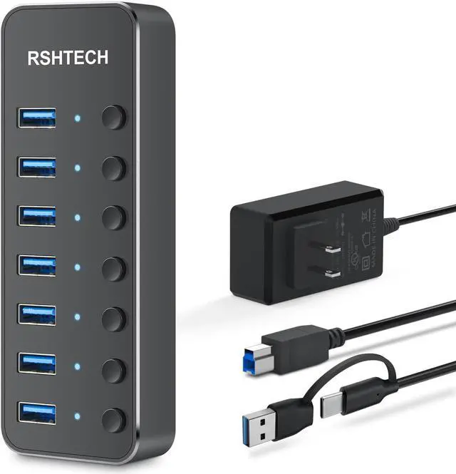 Main image of Powered UBS Hub, RSHTECH 7 Port USB 3.0/USB C Hub Upgraded Version Aluminum USB Hub with 2-in-1 USB Cable,5V 3A Power Adapter and Individual Switches, USB Port Expander Hub for Laptop and PC, RSH-ST07