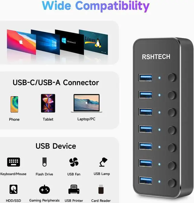 Alt view image 5 of 7 - Powered UBS Hub, RSHTECH 7 Port USB 3.0/USB C Hub Upgraded Version Aluminum USB Hub with 2-in-1 USB Cable,5V 3A Power Adapter and Individual Switches, USB Port Expander Hub for Laptop and PC, RSH-ST07
