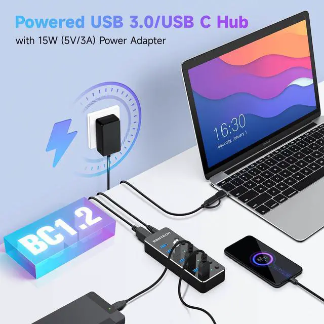 Alt view image 2 of 7 - Powered UBS Hub, RSHTECH 7 Port USB 3.0/USB C Hub Upgraded Version Aluminum USB Hub with 2-in-1 USB Cable,5V 3A Power Adapter and Individual Switches, USB Port Expander Hub for Laptop and PC, RSH-ST07