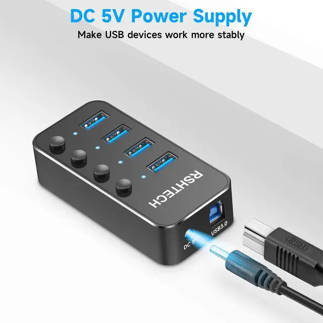 USB 3.0 Hub RSHTECH 4 Port Powered USB 3.0/USB C Hub Upgraded Version ...