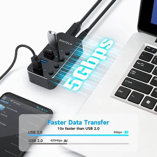 Alt view image 2 of 7 - USB 3.0 Hub RSHTECH 4 Port Powered USB 3.0/USB C Hub Upgraded Version with 2-in-1 3.3ft USB Cable,5V Power Adapter and Individual Switches, Portable Aluminum USB Splitter for Laptop and PC, RSH-ST04