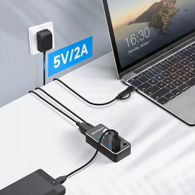 Alt view image 5 of 7 - USB 3.0 Hub RSHTECH 4 Port Powered USB 3.0/USB C Hub Upgraded Version with 2-in-1 3.3ft USB Cable,5V Power Adapter and Individual Switches, Portable Aluminum USB Splitter for Laptop and PC, RSH-ST04