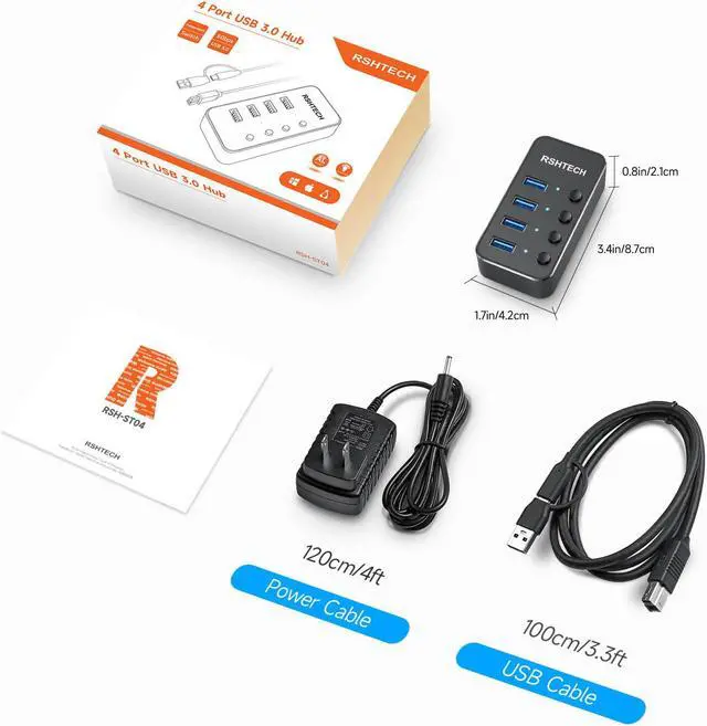 USB 3.0 Hub RSHTECH 4 Port Powered USB 3.0/USB C Hub Upgraded Version ...
