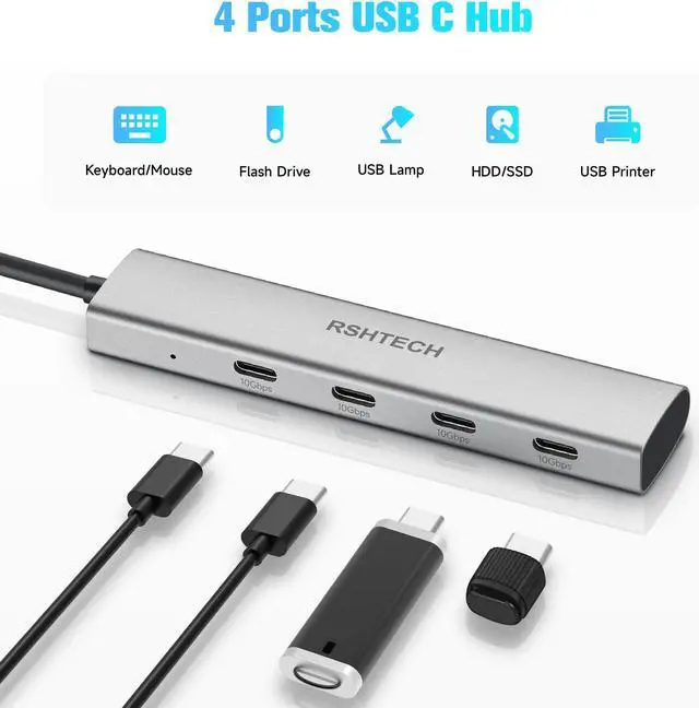 Alt view image 3 of 6 - USB C Hub 10Gbps RSHTECH 4-Port USB C to USB-C 3.2 Gen 2 Dongle, Portable USB C Multiport Adapter for Thunderbolt/Type C Laptop and More, Gray (RX04)