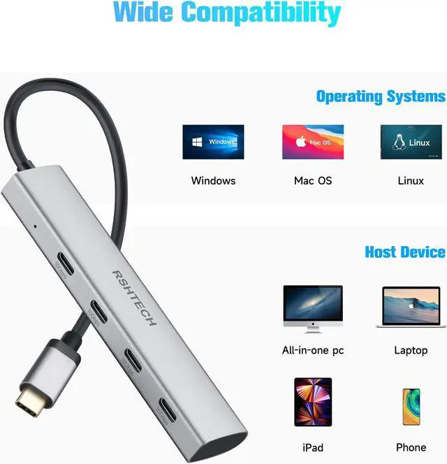 Alt view image 5 of 6 - USB C Hub 10Gbps RSHTECH 4-Port USB C to USB-C 3.2 Gen 2 Dongle, Portable USB C Multiport Adapter for Thunderbolt/Type C Laptop and More, Gray (RX04)