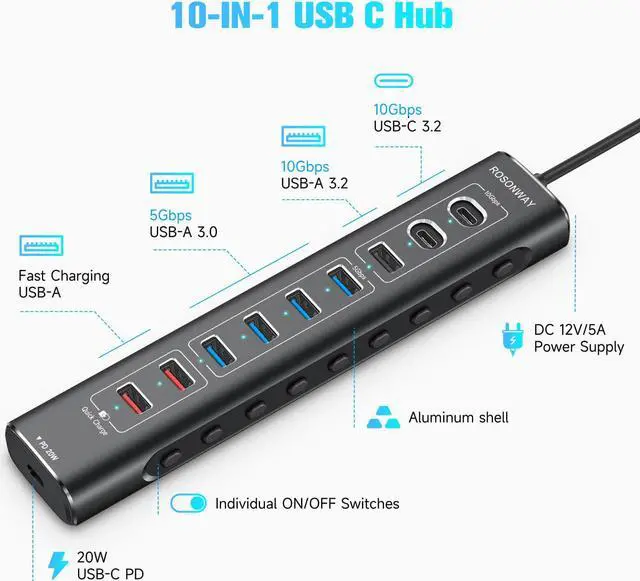 Alt view image 2 of 7 - Rosonway 10-Port Powered USB 3.2/USB C Hub 60W with 10Gbps USB-A 3.2, 2 USB-C 3.2, 4 USB 3.0 Data Ports, 1 USB-C PD and 2 USB-A Fast Charging Ports, Aluminum USB Splitter for Laptop/PC, RSH-A10QPD