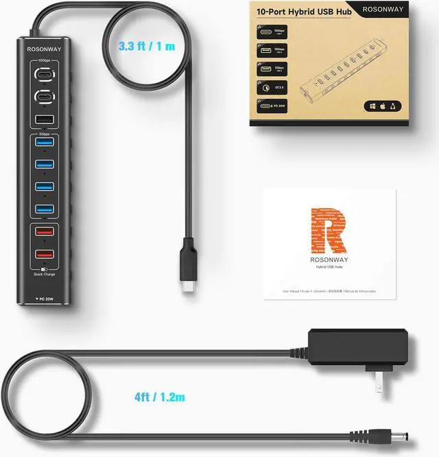 Alt view image 7 of 7 - Rosonway 10-Port Powered USB 3.2/USB C Hub 60W with 10Gbps USB-A 3.2, 2 USB-C 3.2, 4 USB 3.0 Data Ports, 1 USB-C PD and 2 USB-A Fast Charging Ports, Aluminum USB Splitter for Laptop/PC, RSH-A10QPD