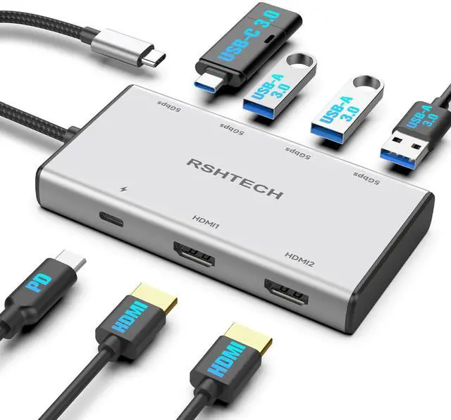 Main image of RSHTECH 7-in-1 USB C Hub Multiport Adapter with 2x4K@60Hz HDMI, USB-3.0 Data Ports(3A+1C), 100W PD, Aluminum USB-C Docking Station Dual Monitor for Laptops and MacBook