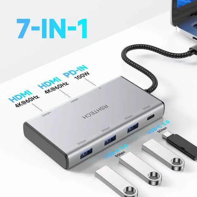 Alt view image 2 of 7 - RSHTECH 7-in-1 USB C Hub Multiport Adapter with 2x4K@60Hz HDMI, USB-3.0 Data Ports(3A+1C), 100W PD, Aluminum USB-C Docking Station Dual Monitor for Laptops and MacBook