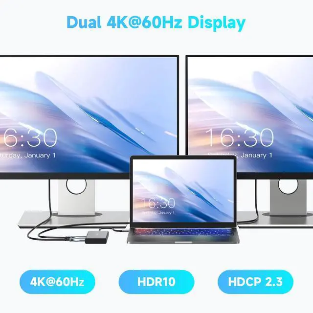 Alt view image 3 of 7 - RSHTECH 7-in-1 USB C Hub Multiport Adapter with 2x4K@60Hz HDMI, USB-3.0 Data Ports(3A+1C), 100W PD, Aluminum USB-C Docking Station Dual Monitor for Laptops and MacBook