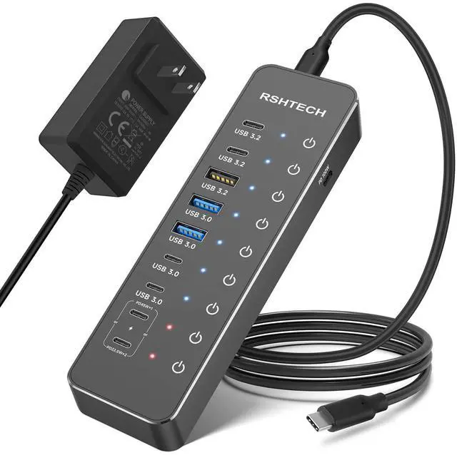Main image of RSHTECH 10-Port Powered USB C Hub 66W with 3x10Gbps USB-3.2 Data Ports (2C + 1A), 4 USB 3.0 Ports (2C + 2A), 2 USB-C PD 45W Charging Ports and PD 100W, USB Expander Splitter for Laptop, RSH-ST10P