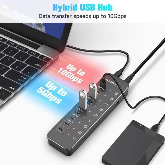 Alt view image 3 of 7 - RSHTECH 10-Port Powered USB C Hub 66W with 3x10Gbps USB-3.2 Data Ports (2C + 1A), 4 USB 3.0 Ports (2C + 2A), 2 USB-C PD 45W Charging Ports and PD 100W, USB Expander Splitter for Laptop, RSH-ST10P