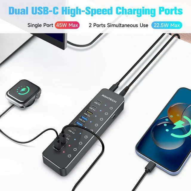 Alt view image 4 of 7 - RSHTECH 10-Port Powered USB C Hub 66W with 3x10Gbps USB-3.2 Data Ports (2C + 1A), 4 USB 3.0 Ports (2C + 2A), 2 USB-C PD 45W Charging Ports and PD 100W, USB Expander Splitter for Laptop, RSH-ST10P