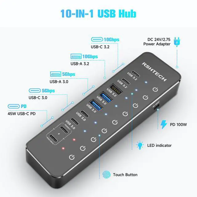 Alt view image 2 of 7 - RSHTECH 10-Port Powered USB C Hub 66W with 3x10Gbps USB-3.2 Data Ports (2C + 1A), 4 USB 3.0 Ports (2C + 2A), 2 USB-C PD 45W Charging Ports and PD 100W, USB Expander Splitter for Laptop, RSH-ST10P