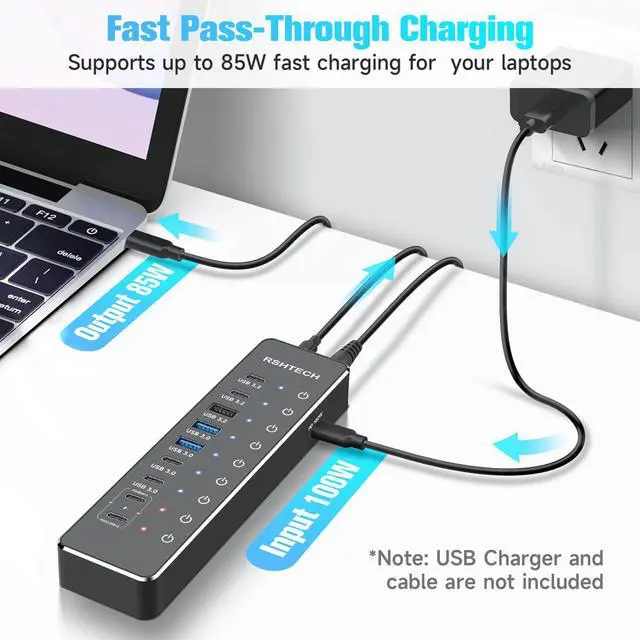 Alt view image 7 of 7 - RSHTECH 10-Port Powered USB C Hub 66W with 3x10Gbps USB-3.2 Data Ports (2C + 1A), 4 USB 3.0 Ports (2C + 2A), 2 USB-C PD 45W Charging Ports and PD 100W, USB Expander Splitter for Laptop, RSH-ST10P