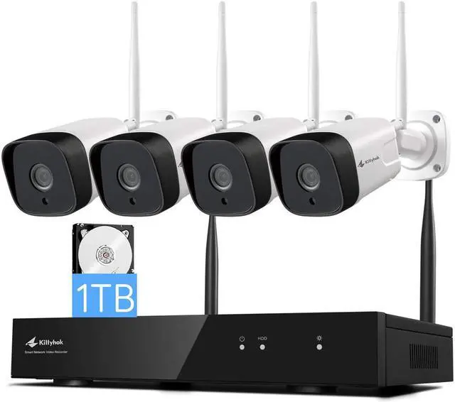 Kittyhok 2K Wireless Security Camera System WiFi Home Surveillance Cameras, with 1TB 2K Video HDD 4Pcs Outdoor/Indoor WiFi with Night Vision, IP66 Weatherproof, 24/7 Recording Video and Audio