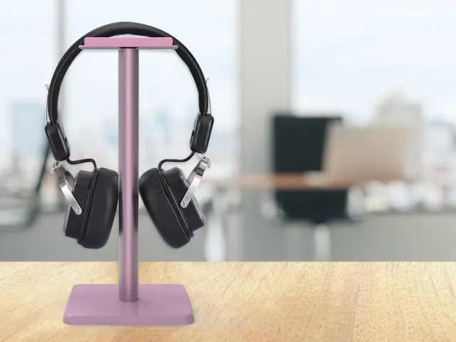 Alt view image 4 of 7 - Headphone Stand Headset Holder  Earphone Stand with Aluminum Supporting Bar Flexible Headrest ABS Solid Base for All Headphones Size (Pink)