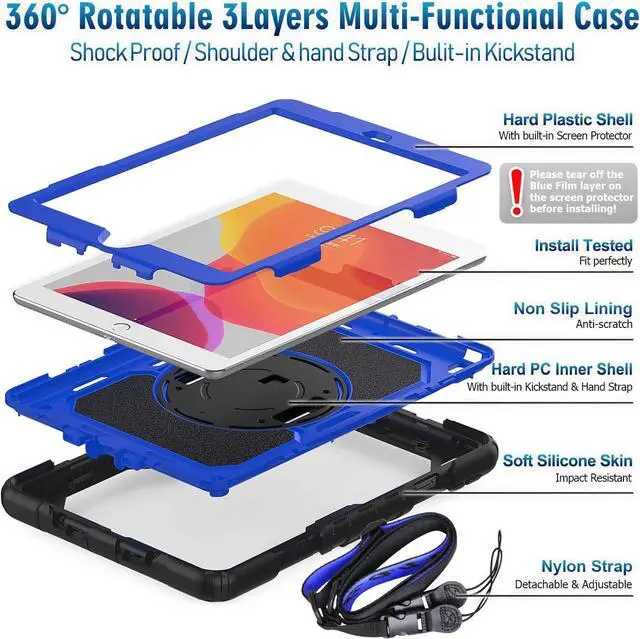 Alt view image 7 of 7 - iPad 9th/ 8th/ 7th Generation Case (iPad 10.2 Case, iPad 9/8/ 7 Gen Case): with Strong Protection, Screen Protector, Hand Strap, Shoulder Strap, Rotating Stand, Pencil Holder - Dark Blue