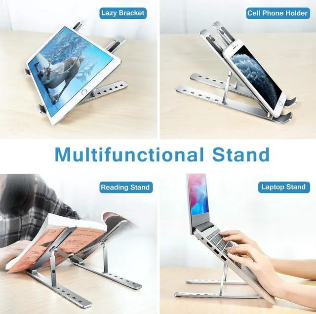 Alt view image 7 of 7 - Laptop Stand Laptop Holder Riser Computer Tablet Stand 6 Angles Adjustable Aluminum Ergonomic Foldable Portable Desktop Holder Compatible with 10-15.6 MacBook iPad HP   Silver