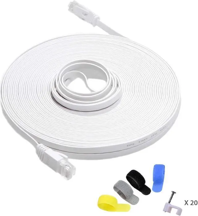 Main image of Cat 6 Ethernet Cable 75 ft White Flat (at a Cat5e Price but Higher Bandwidth) Cat6 White Internet Network Cable - Computer LAN Cable - Long Patch Cables with Cable Clips and Straps