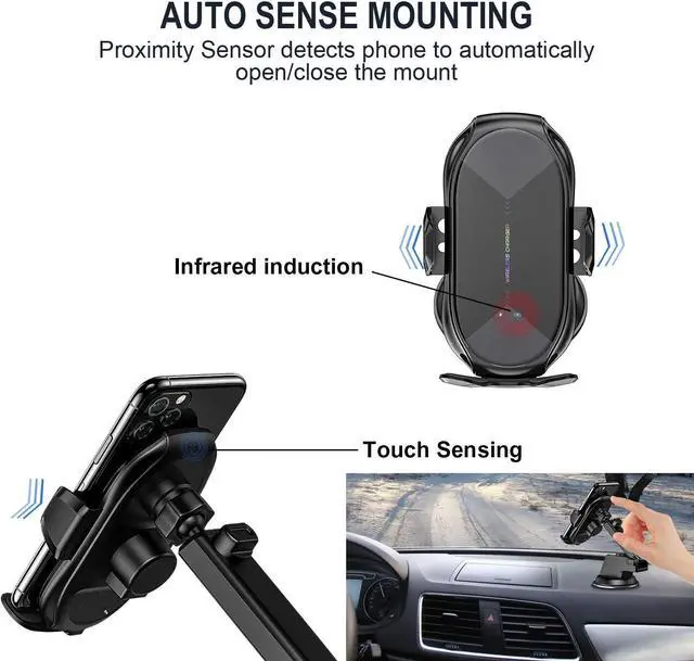 Alt view image 3 of 7 - Wireless Car Charger,15W Qi Fast Charging Auto-Clamping Air Vent Windshield Dashboard Car Phone Mount,Long Arm Suction Cup Holder for iPhone Samsung LG
